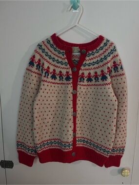 Cream & Red Nordic Button-Up Wool Sweater Cardigan